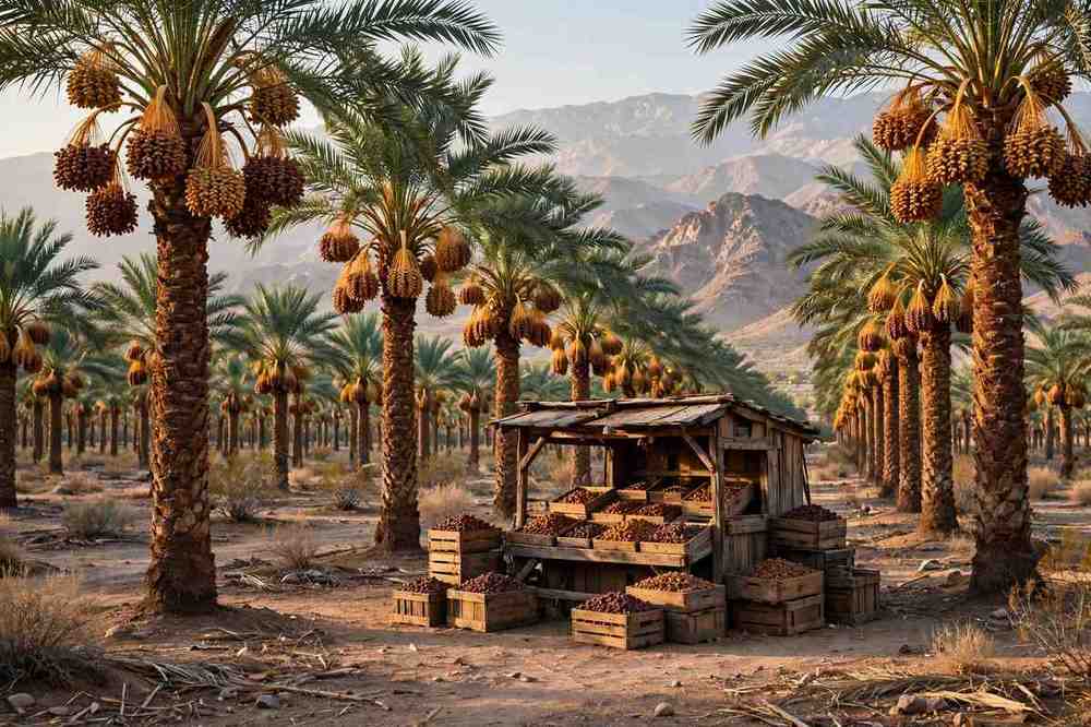 Rows of date palms with ripening dates in Indio, California